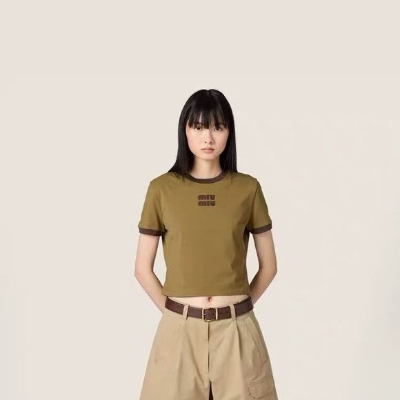 Miu MiuOlive Green Logo Letter Embroidered Patch Slim-Fit Short-Sleeve T-Shirt